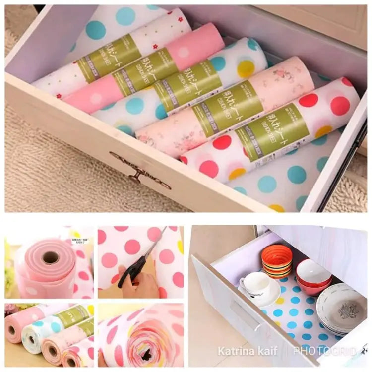 Polka dot cabinet shelf liner for protecting surfaces from scratches, dust, and spills.