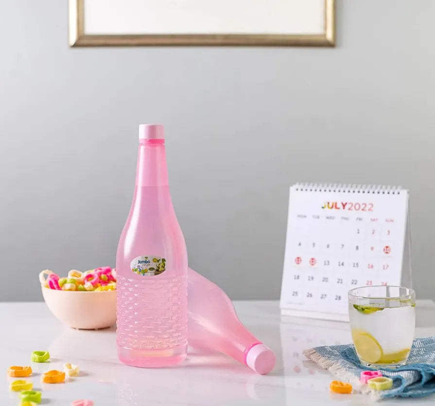Portable set of four 1.2L plastic water bottles designed for easy carrying and long-lasting hydration.