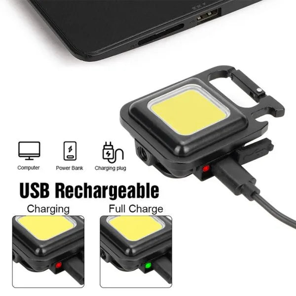 USB rechargeable light with charging indicators on a white background