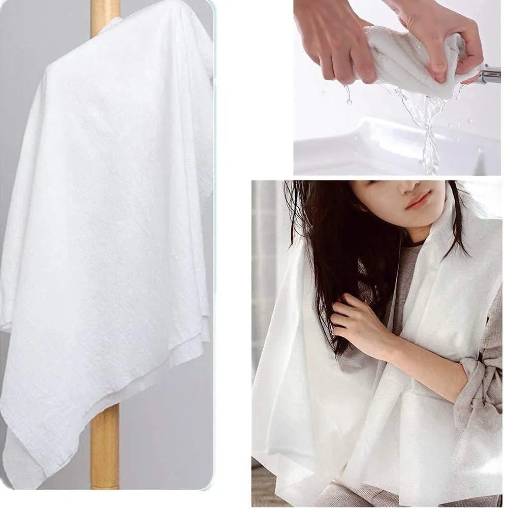 White towel displayed on a wooden rack, being held by hands, and draped over a person.