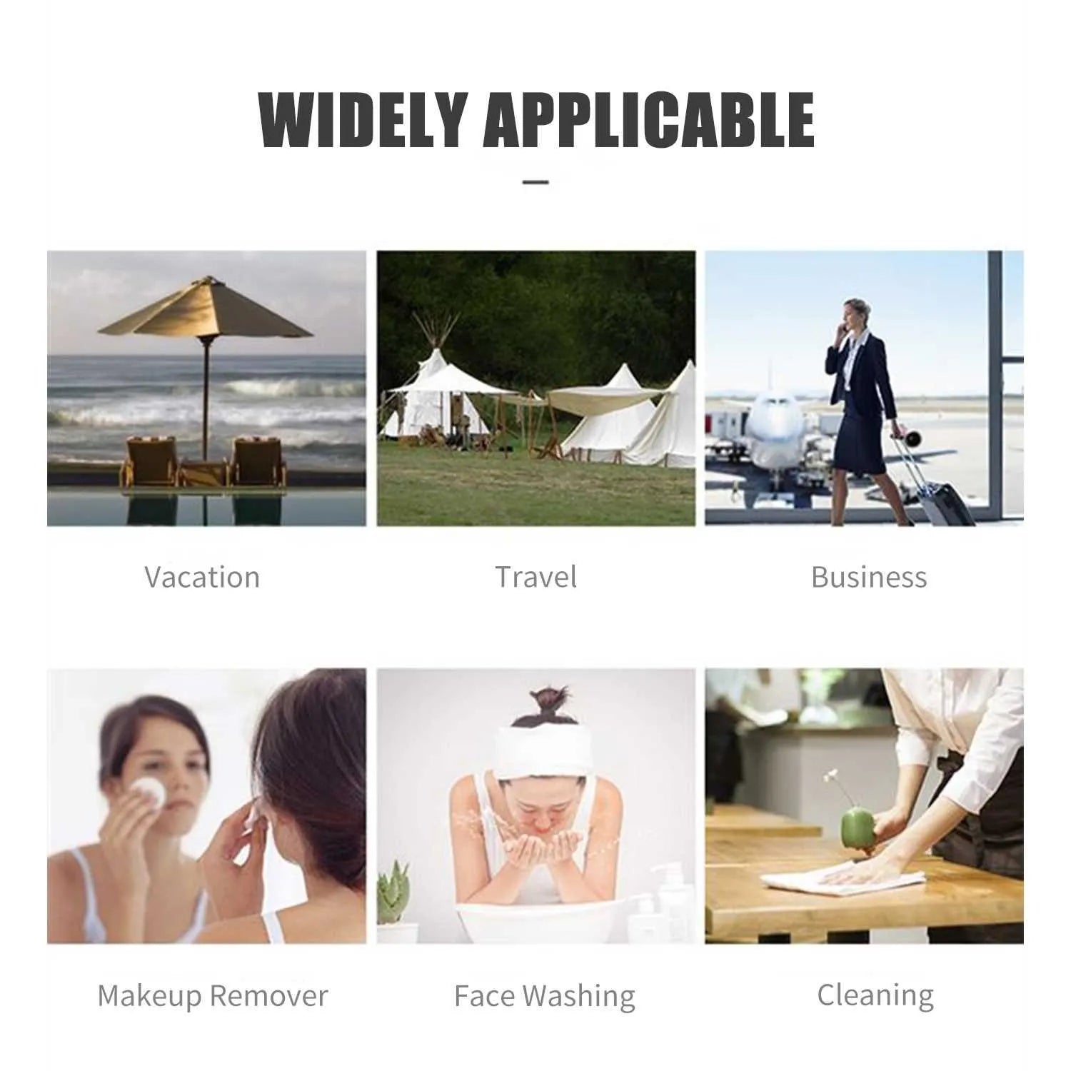 Promotional image with various scenarios labeled as 'Vacation', 'Travel', 'Business', 'Makeup Remover', 'Face Washing', and 'Cleaning'.