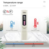 A TDS-3 digital temperature probe thermometer shown on a white marble-style surface with explanatory graphics about temperature range, Celsius-to-Fahrenheit conversion, and blue/red thermometer icons indicating 32°F and 176°F.