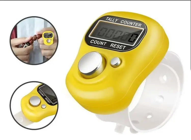 Yellow digital tally counter with close-up insets on a white background