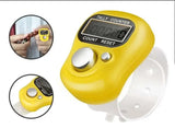 Yellow digital tally counter with close-up insets on a white background
