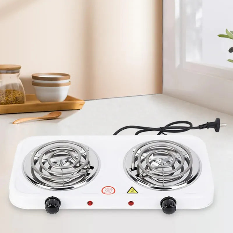 Double burner electric hot plate designed for convenient countertop cooking and food preparation.
