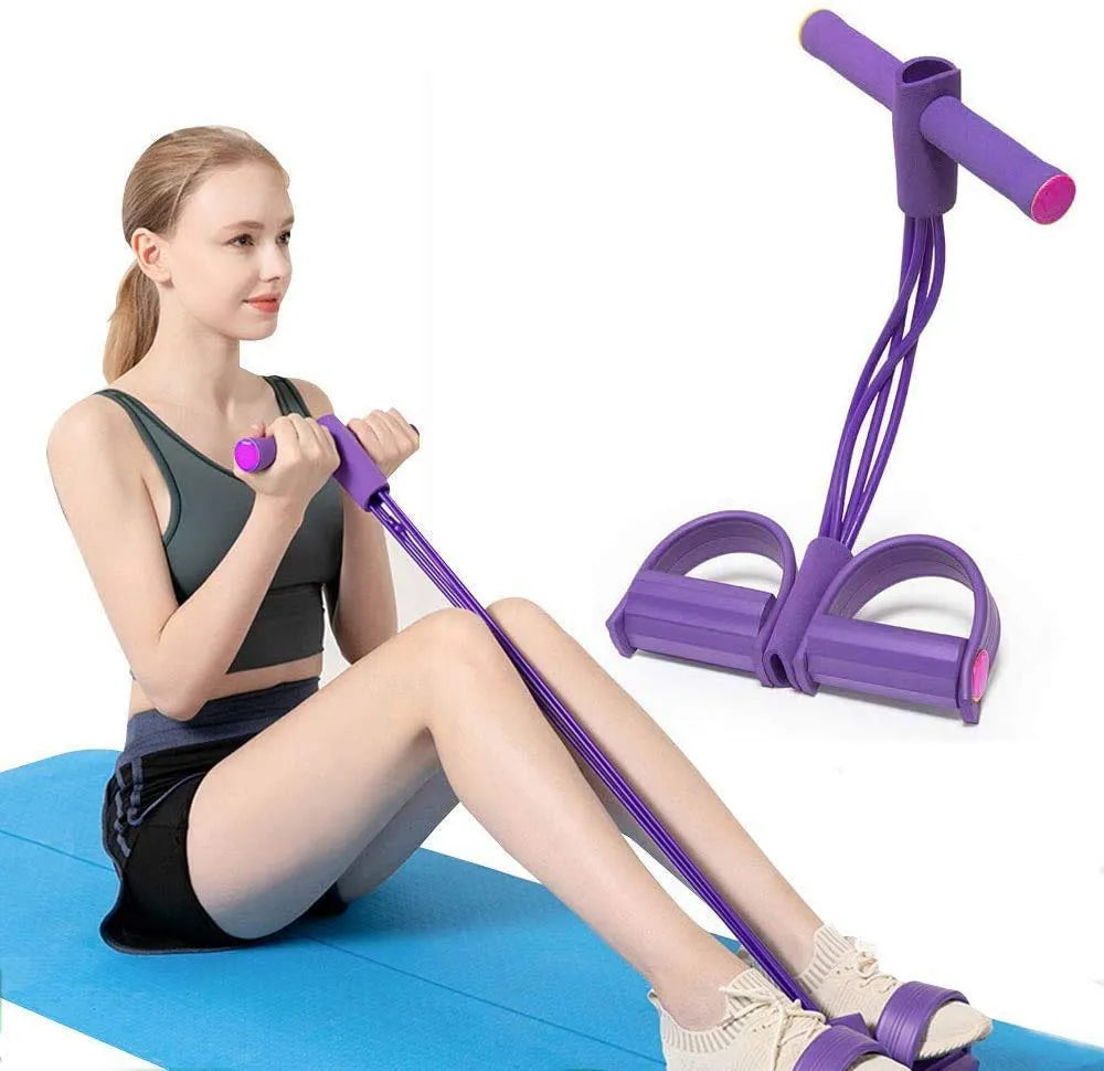 Woman using a purple resistance band on a white background