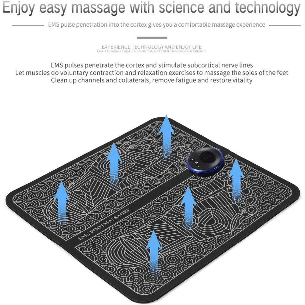 Foldable EMS foot massage pad with adjustable settings for comfortable and portable foot massage.