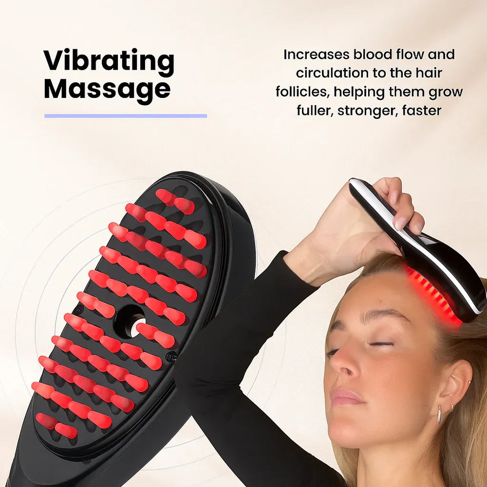 Person using a vibrating head massager with text about its benefits on a beige background