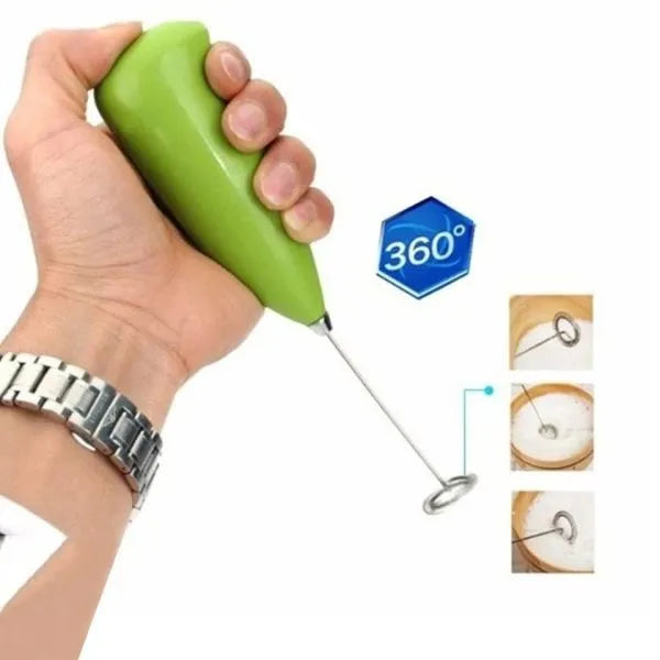 Hand holding a green milk frother with 360-degree icon and additional images of the product in use.