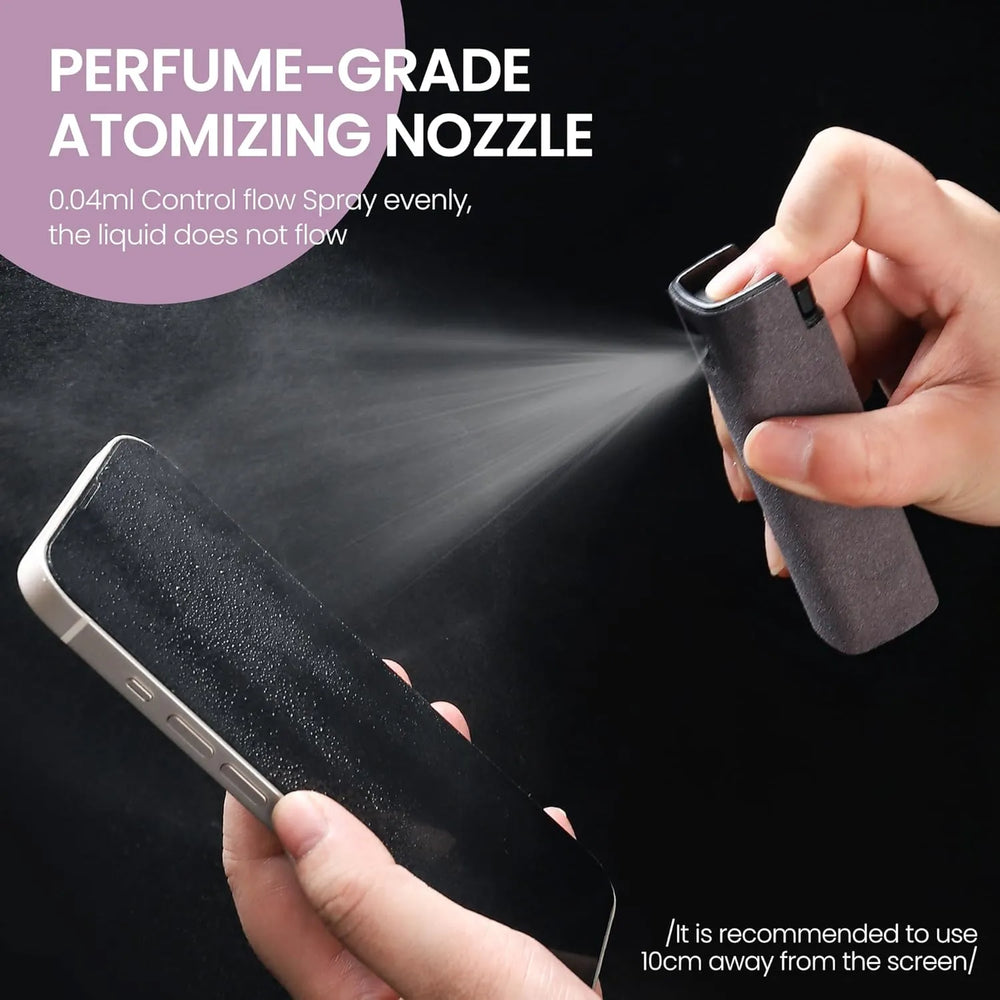 Person using a perfume-grade atomizing nozzle to clean a smartphone screen.