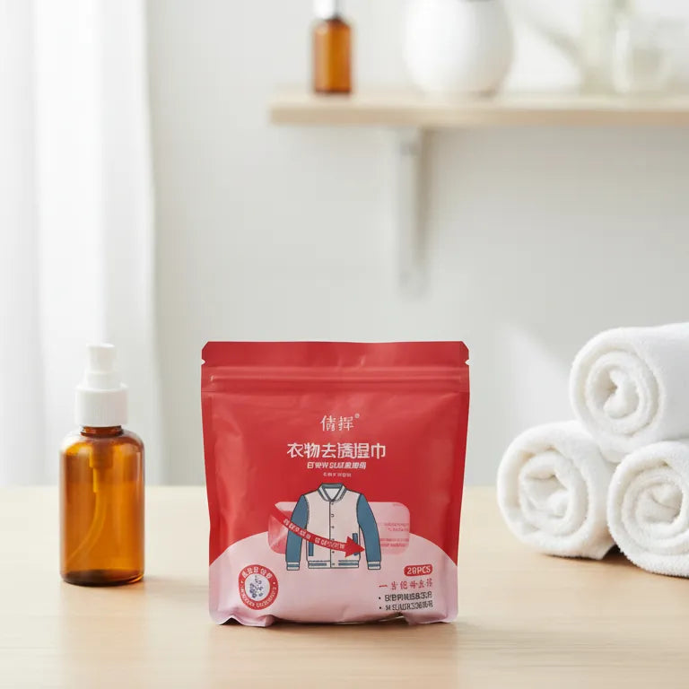 Travel stain remover wipes 20-pack for quick cleaning of clothing and fabric surfaces.