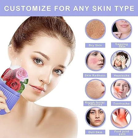 Woman holding a device with icons showing skin conditions and benefits on a white background
