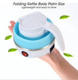 Portable foldable electric kettle for preparing tea, coffee, and instant meals during travel.