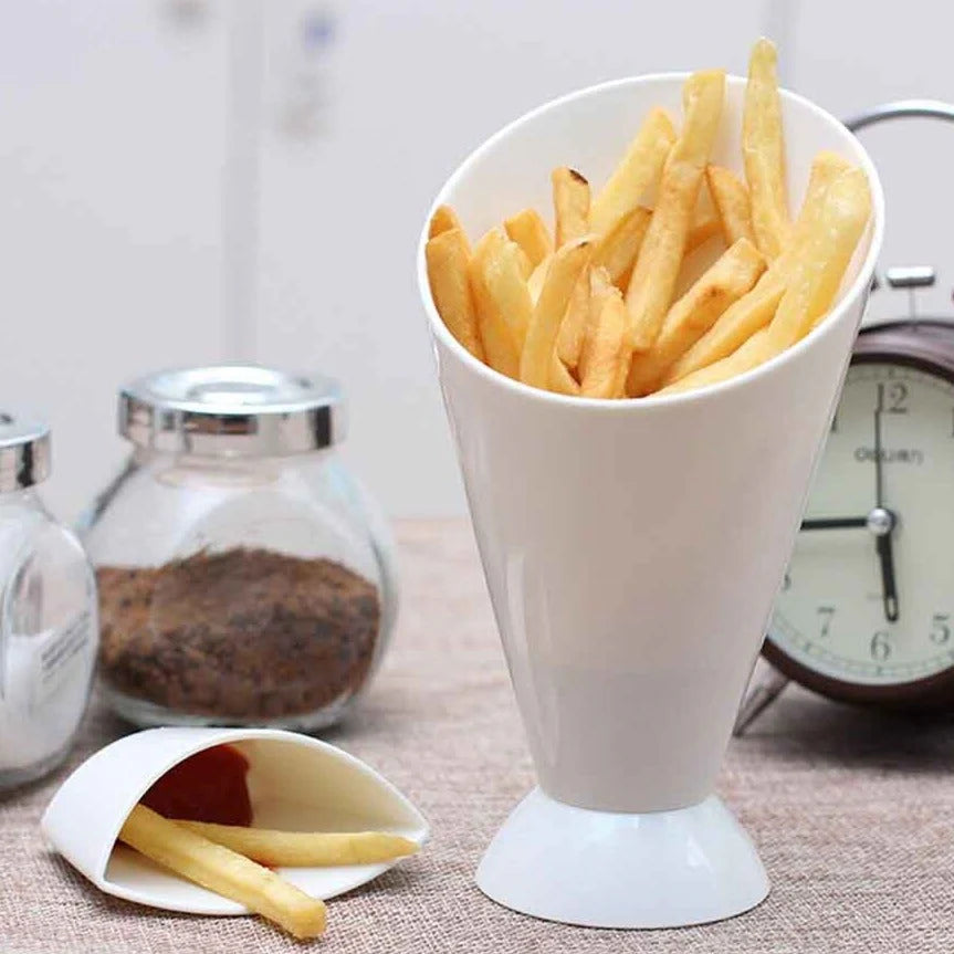 Portable French fry holder with a built-in sauce cup for convenient eating at home or on the go.