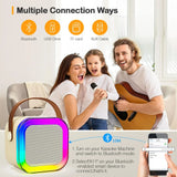 Family using a karaoke machine with text on multiple connection ways.