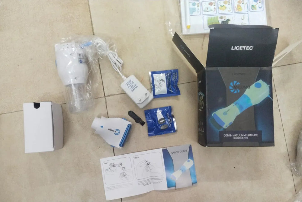Portable lice removal device with electric comb technology for easy home use.