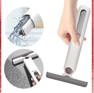 Hand holding a cleaning tool with close-up insets of water flow and surface cleaning.