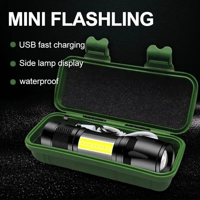 Mini flashlight in a green case with charging and waterproof features listed.