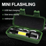 Mini flashlight in a green case with charging and waterproof features listed.