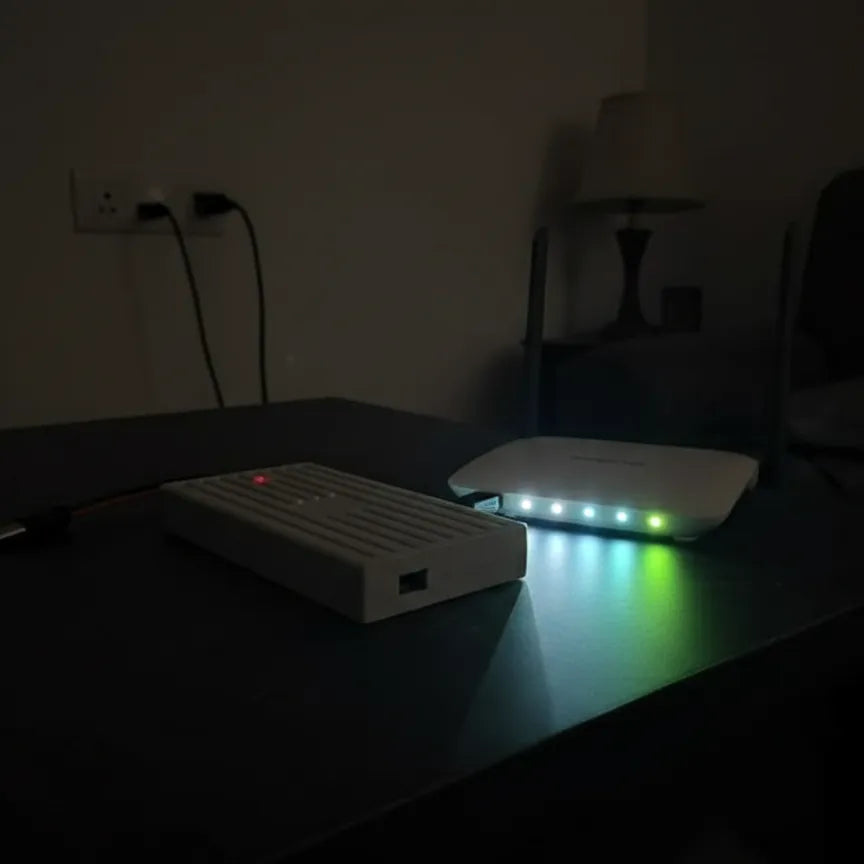 Two electronic devices on a dark surface with visible lights.