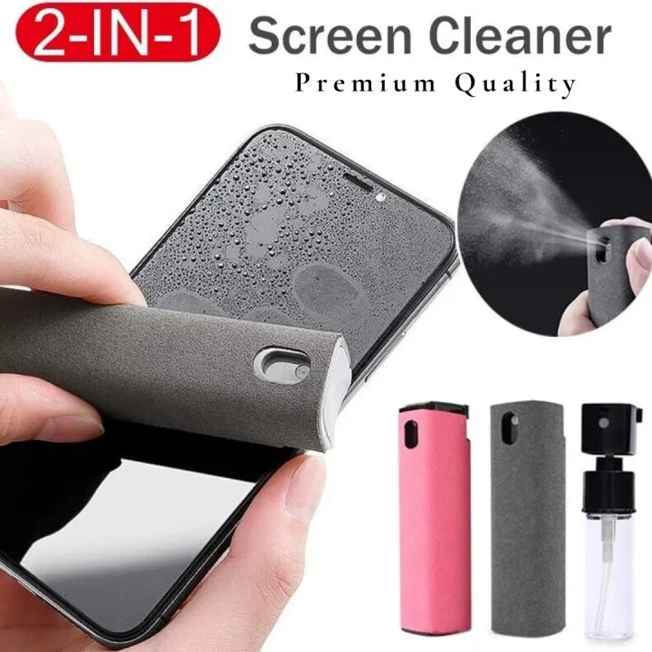 2-in-1 screen cleaner with a hand holding a smartphone and close-up of cleaning action.