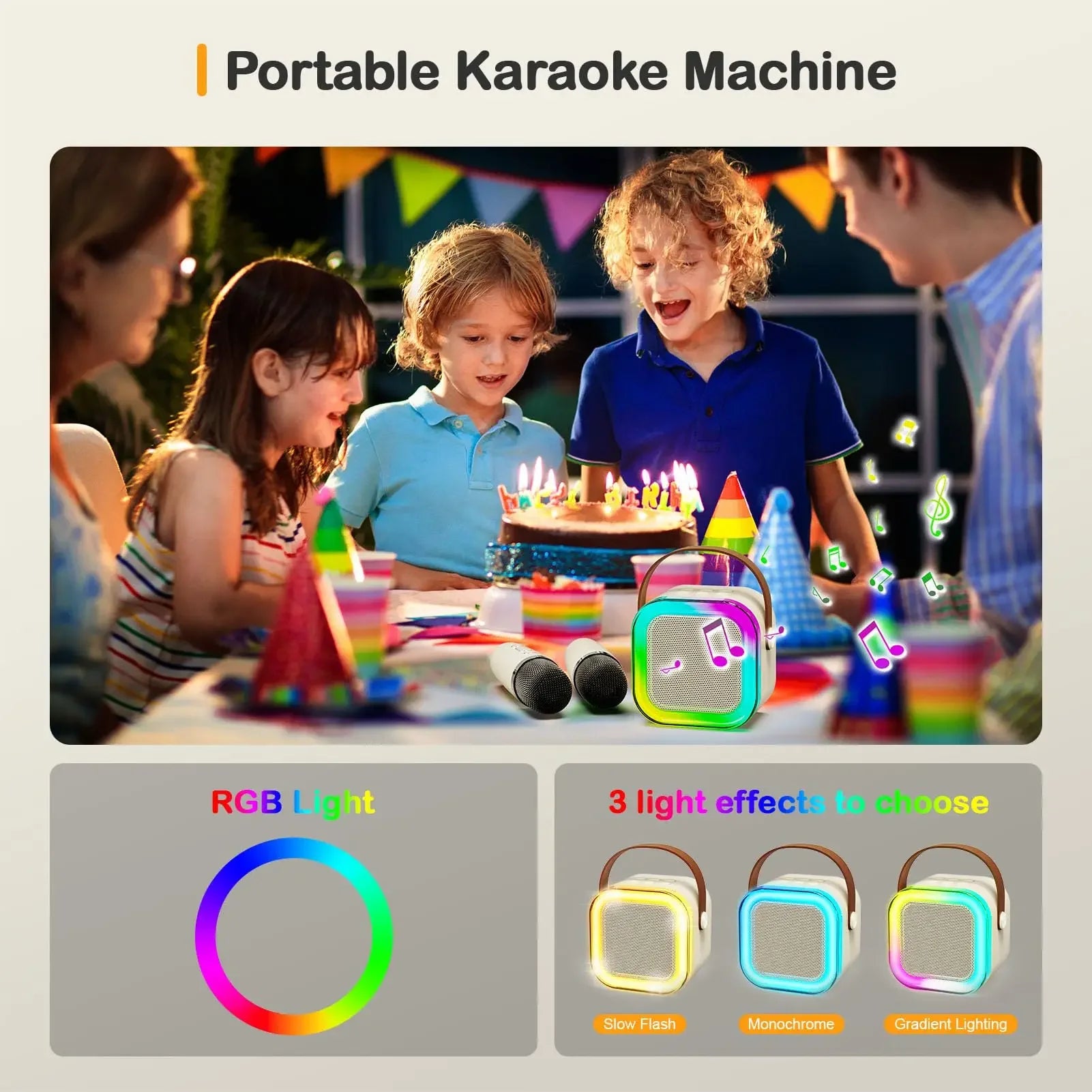 Children around a birthday cake with a portable karaoke machine and RGB light effects.
