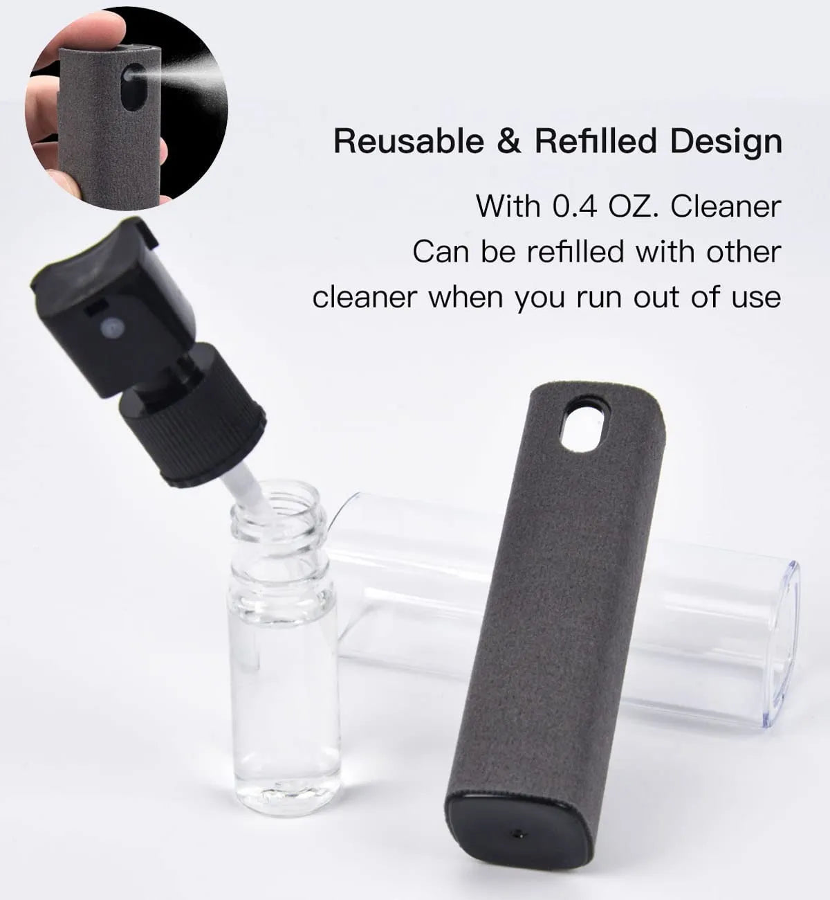 Reusable and refilled cleaning tool with a clear bottle and black handle on a white background.