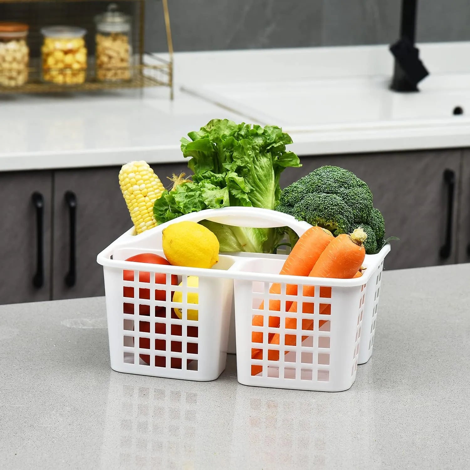 Portable shower storage caddy with multiple compartments for convenient bathroom organization.