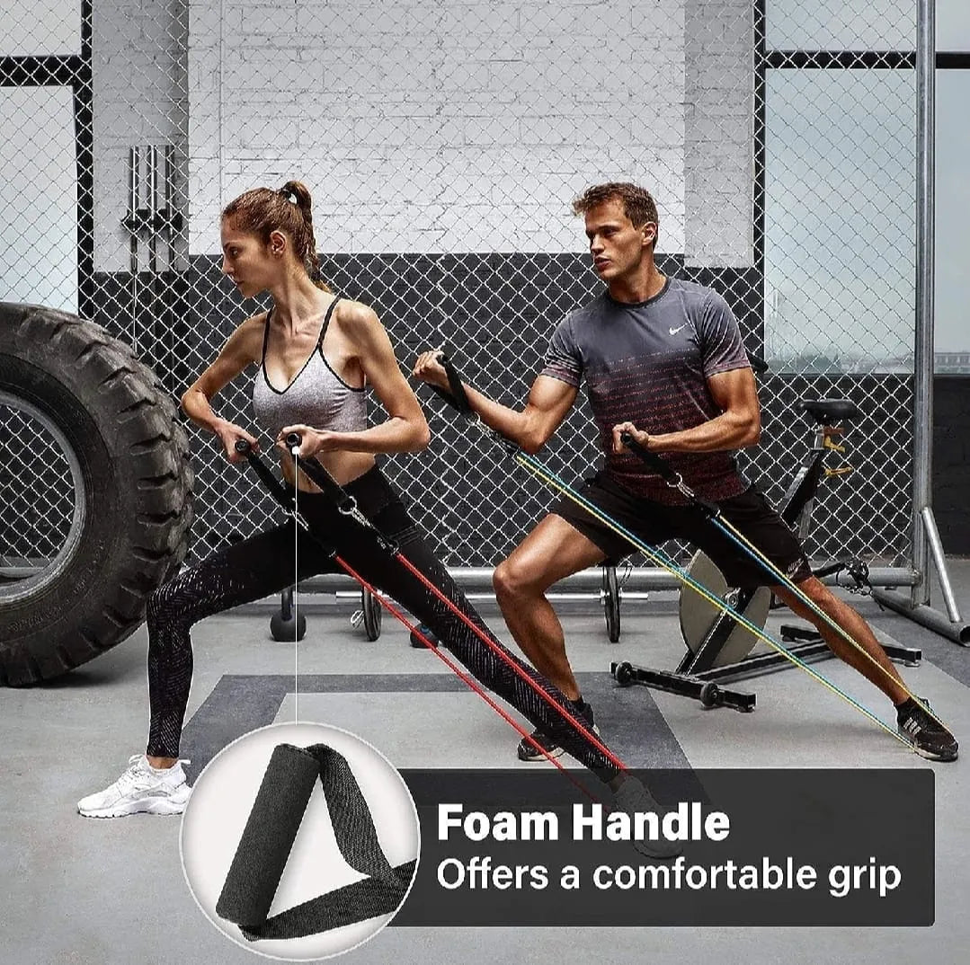 Two people using resistance bands with a focus on the foam handle feature.