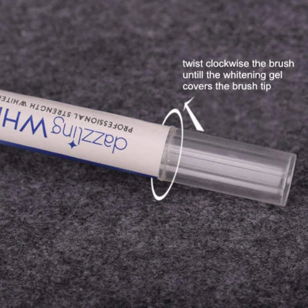 Whitening gel pen with instructions on a dark textured background