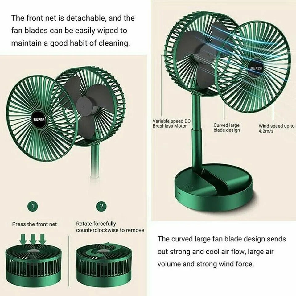 Green portable fan with features highlighted on a beige background
