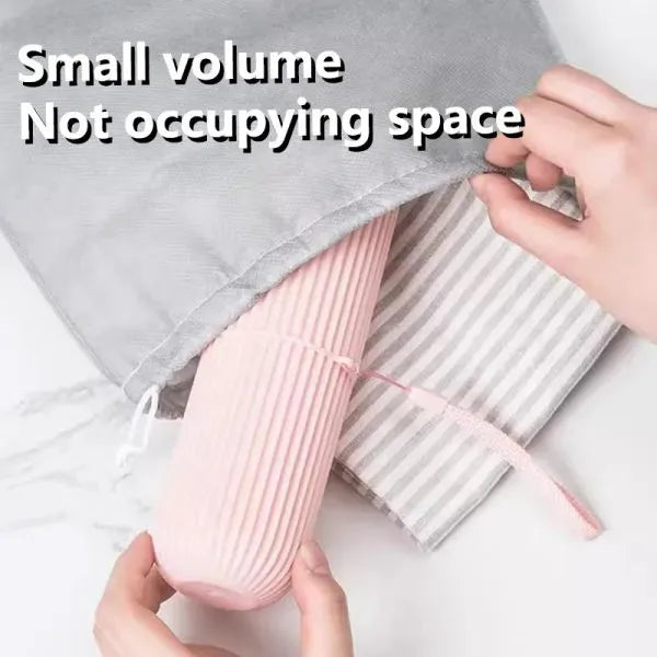 Travel comfort and hygiene kit featuring an inflatable pillow and a protective toothbrush holder.
