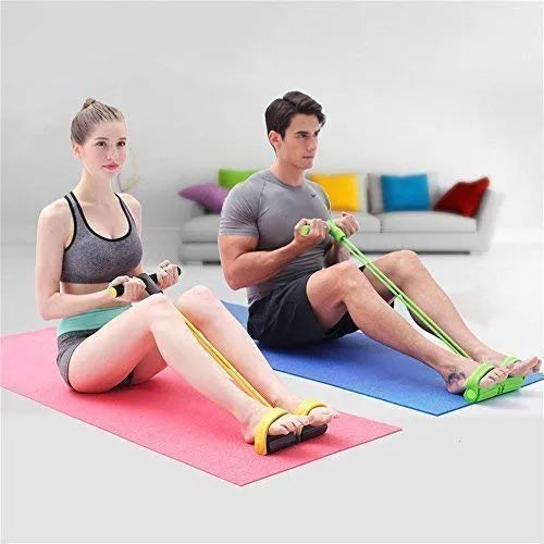 Two people using resistance bands on exercise mats in a living room setting.