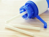 Portable water dispenser pump with a manual press design for easy bottle water dispensing.