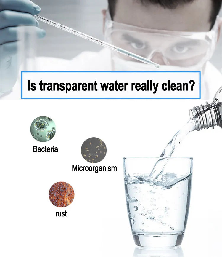 Person in a lab setting with text 'Is transparent water really clean?' and images of bacteria, microorganisms, and rust.