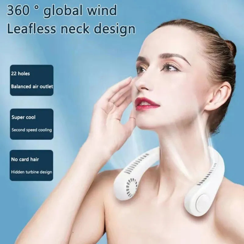 Woman wearing a white neck cooling device with features highlighted on a blue background
