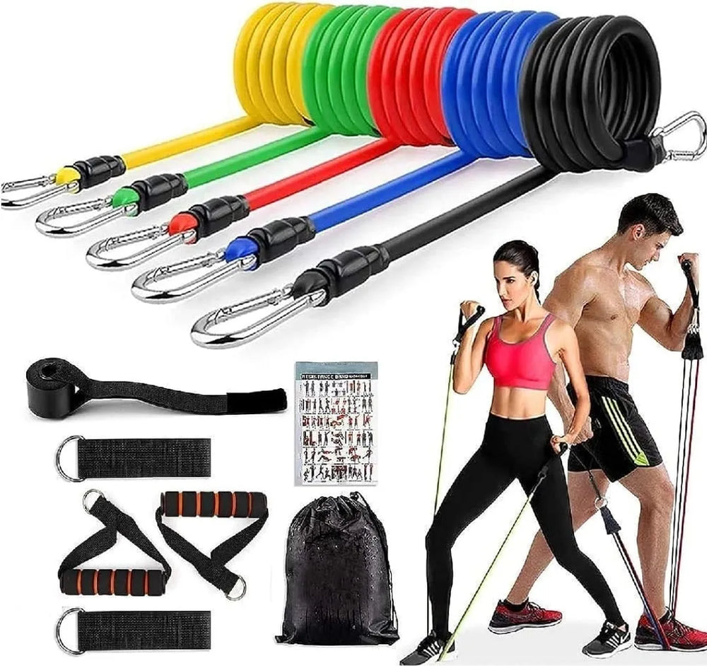 Resistance bands set with multiple colored elastic bands, metal carabiner clips, straps, and a black storage bag, shown on a white background with two people exercising and a small instruction card.