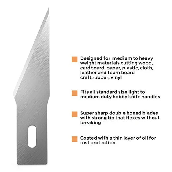 Hobby knife blade with features listed on a white background