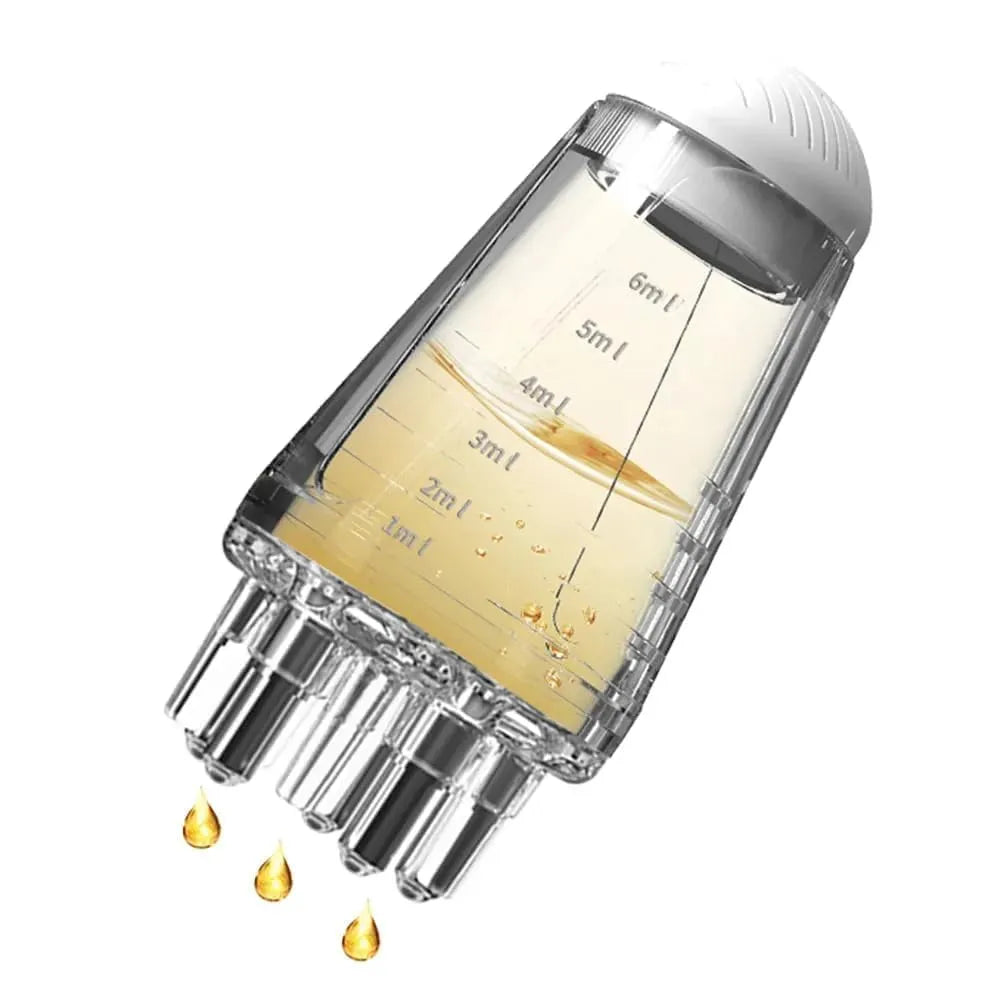 Transparent dropper bottle with measurement markings and gold liquid on a white background