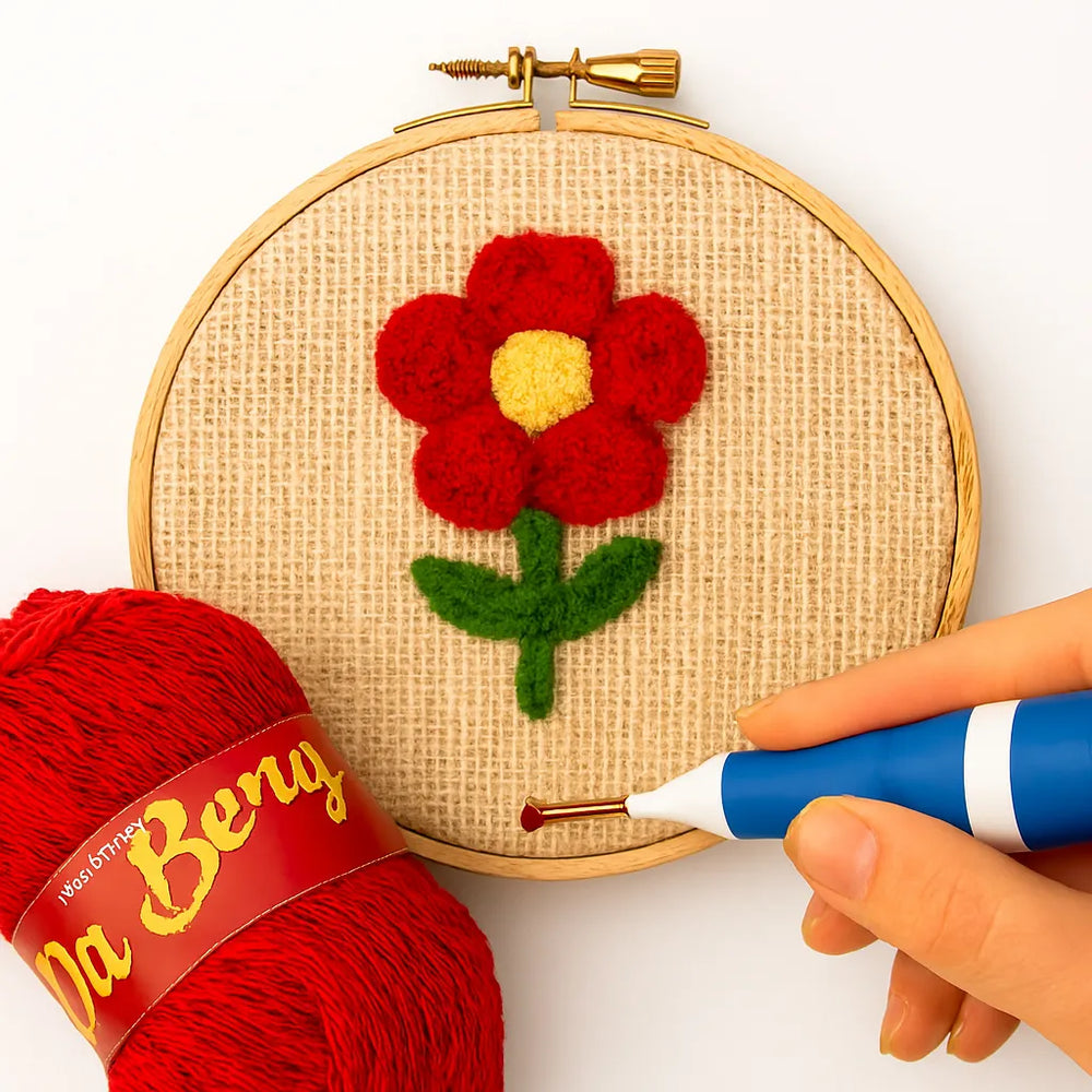 Embroidery hoop with a red flower design, red yarn, and a needle on a white background