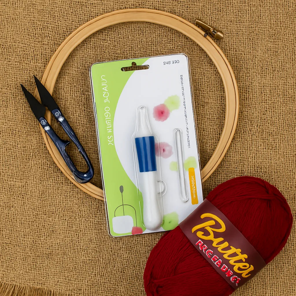 Embroidery hoop, scissors, packaging of embroidery tools, and a ball of red yarn on a textured surface.