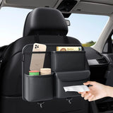 Car organizer mounted on a car seat with a hand reaching for a tissue.