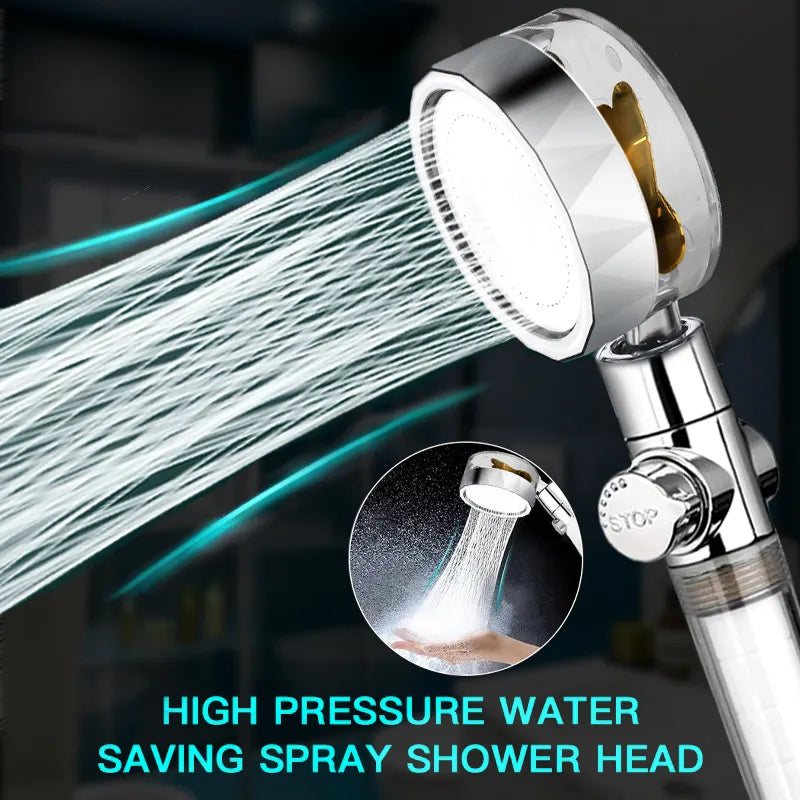 Pressurized turbine water-saving shower head designed to improve water flow while reducing water consumption.