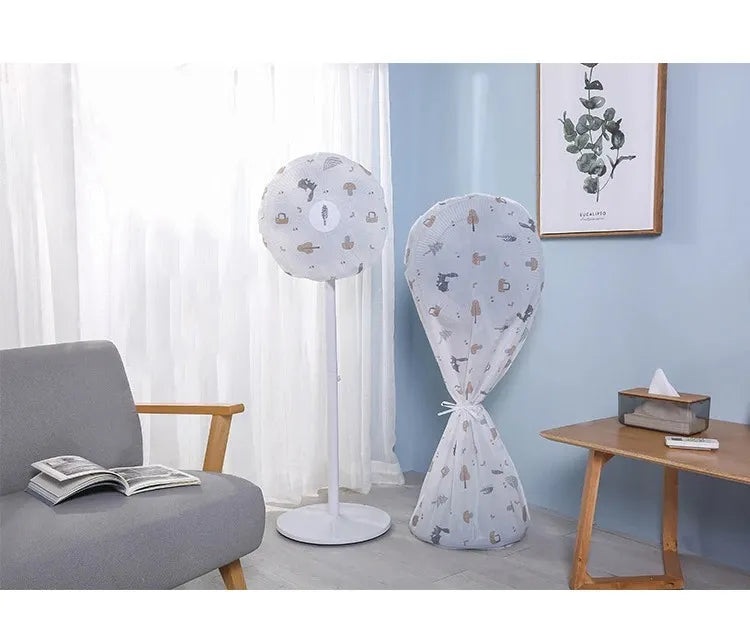 Decorative standing fans with covers in a living room setting.