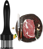 Meat tenderizer on the left with a steak on a wooden board with cutlery and spices on the right.