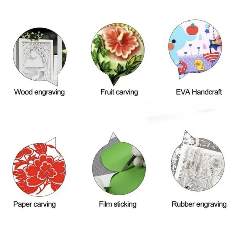 Various craft techniques including wood engraving, fruit carving, EVA handcraft, paper carving, film sticking, and rubber engraving.