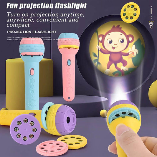 Colorful projection flashlights with a monkey projection on a dark
