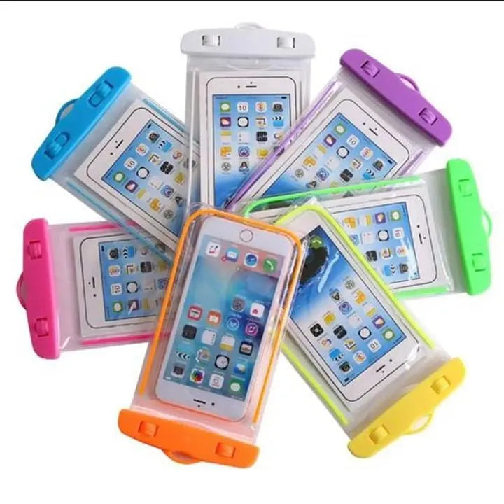 Colorful waterproof phone cases with smartphone display on a white background