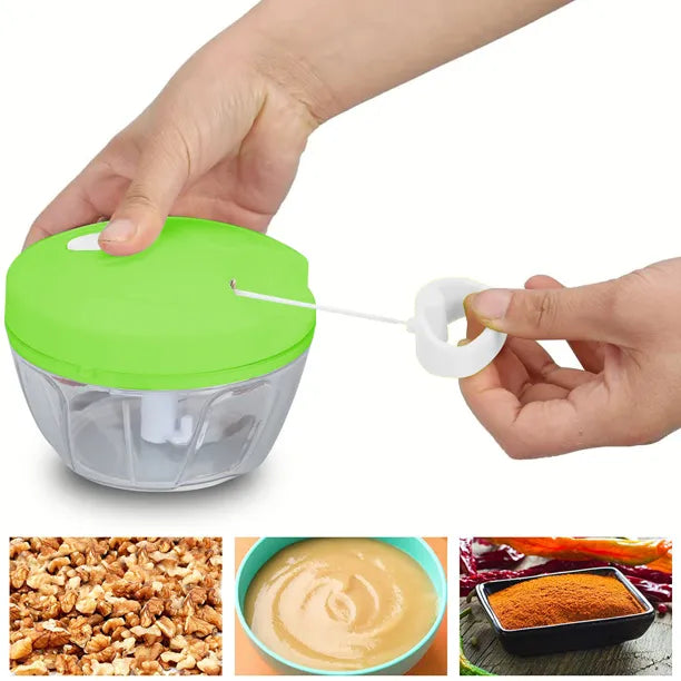 Pull cord vegetable chopper for effortless chopping of onions, garlic, vegetables, and herbs.