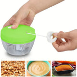 Pull cord vegetable chopper for effortless chopping of onions, garlic, vegetables, and herbs.